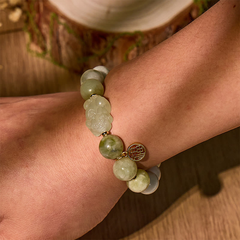 FuAttract Prosperity Guardian Spirit - Green Grape Serpentine Jade Pixiu Bracelet with Fu Charm - image 3