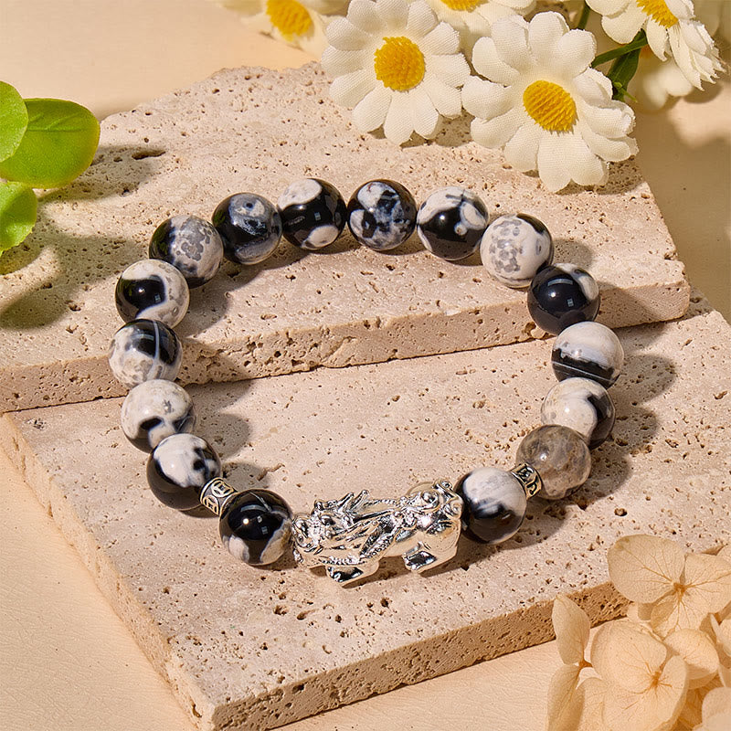 FuAttract Calm Focus – Orca Agate Pixiu Bracelet - Pixiu+Om Mani Mantra - 9.1in/23cm - image 0