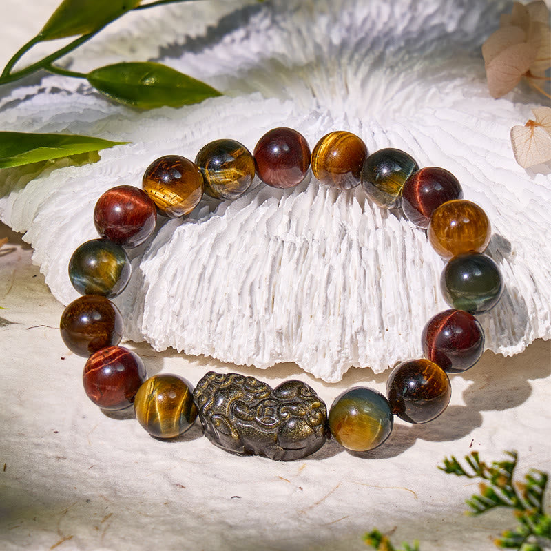 FuAttract Triforce Guardian- Tri-Color Tiger's Eye Power Pixiu Bracelet - Classic - 7.5in/19cm - image 0
