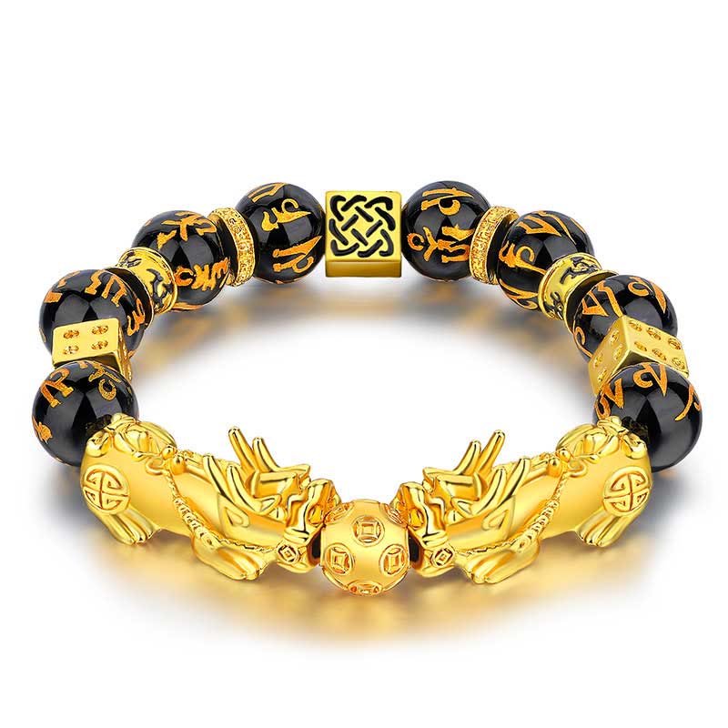 FuAttract Calm & Protection - Black Onyx Six-Word Mantra Beads Pixiu Bracelet - Black Onyx - image 0