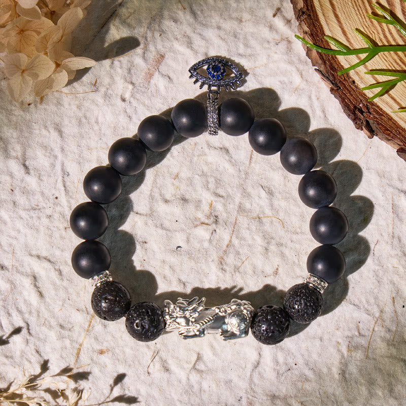FuAttract Mystic Guardian – Black Onyx & Lava Rock Pixiu Bracelet with Evil Eye Charm - Pixiu+Evil eye - image 0