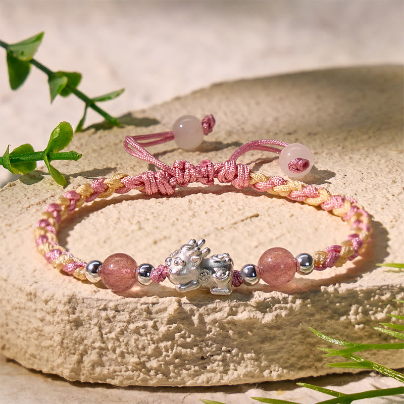FuAttract Healing & Fortune Woven Rope Bracelet - Silver Pixiu with Stones - Pink-Strawberry Quartz - image 0