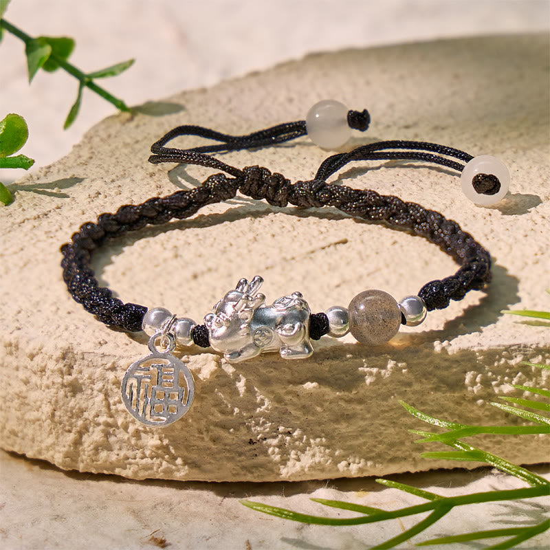 FuAttract Healing & Fortune Woven Rope Bracelet - Silver Pixiu with Stones - Black-Moonstone with FU charm - image 22
