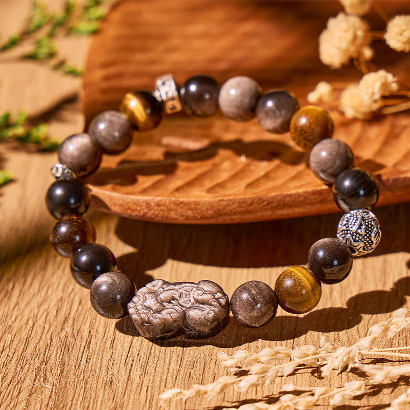 FuAttract Protection & Wealth Bracelet – Om Mani Padme Hum + Silver Obsidian Pixiu - Silver Sheen Obsidian + Yellow Tiger's Eye - image 16