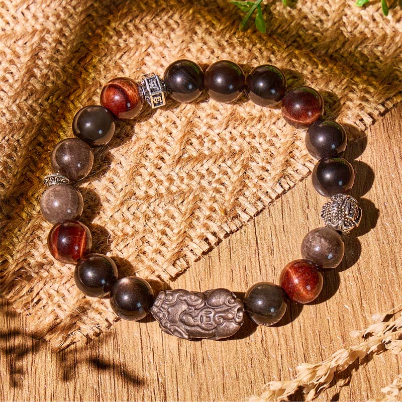 FuAttract Protection & Wealth Bracelet – Om Mani Padme Hum + Silver Obsidian Pixiu - image 1