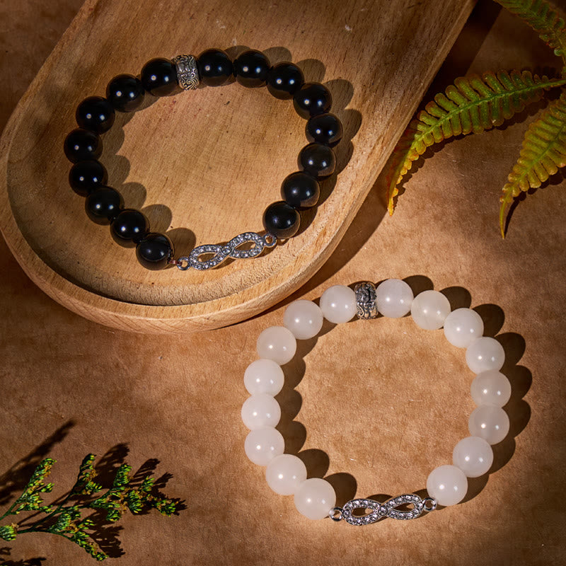  FuAttract Love Harmony Prosperity – Obsidian and White Jade Pixiu Couple Bracelets - Couple Set - 6.7-7.1in/17-18cm - image 0