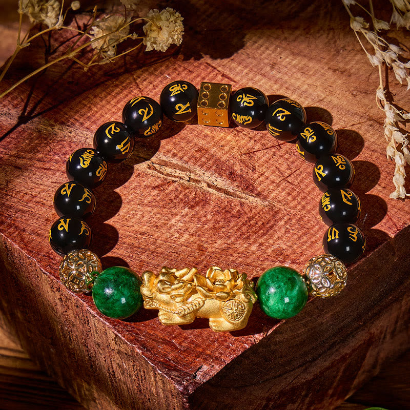 FuAttract Wealth Guardian – Obsidian Six-Word Mantra Pixiu Bracelet - Pixiu+Om Mani Mantra - image 0
