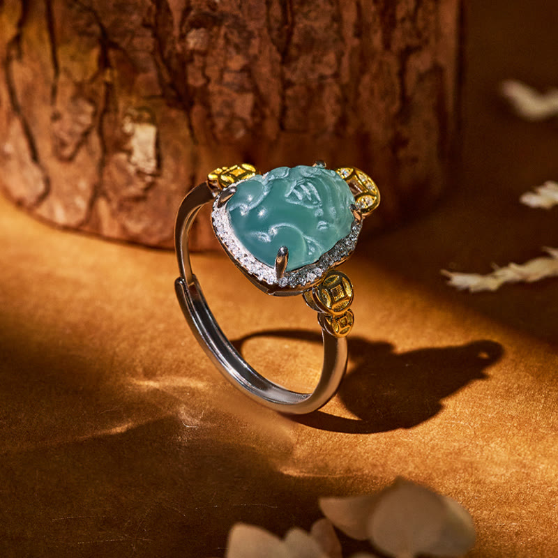 FuAttract Fortune Charm – S925 Gold-Plated Blue Jadeite Pixiu Coin Ring - image 2