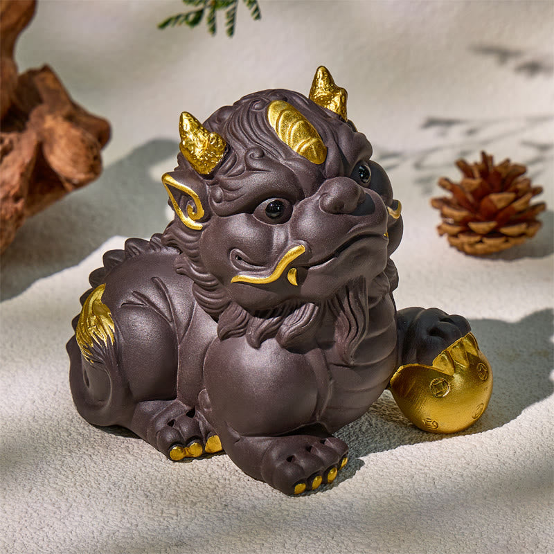 FuAttract Protection & Fortune Tea Pet — Purple Clay Pixiu Feng Shui Decor - Golden Hydrangea - image 18