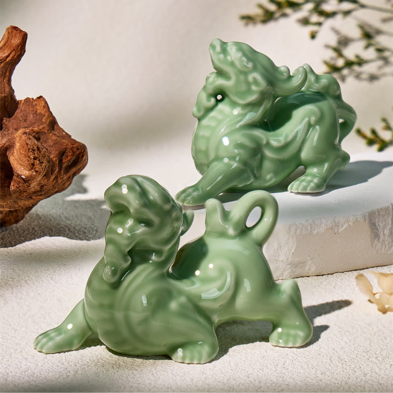 FuAttract Ceramic Pixiu Pair Figurines for Wealth Attraction & Business Success - 3.94x1.97x2.56in/10x5x6.5cm - image 0