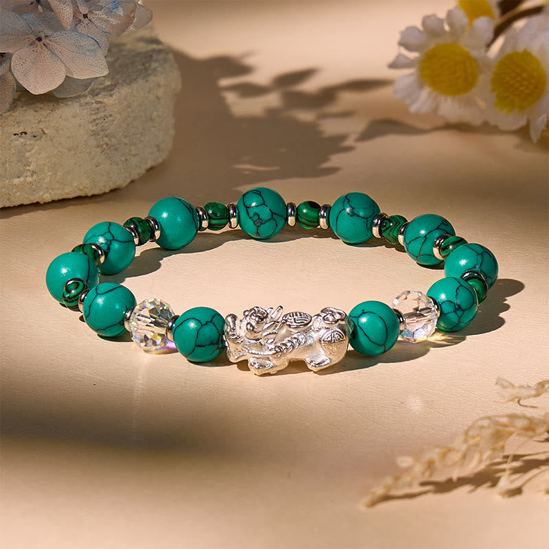 FuAttract Crystal Palaces of Heaven Healing Silver Pixiu Bracelet - Energy Channeled Quartz, Turquoise and Malachite - image 1
