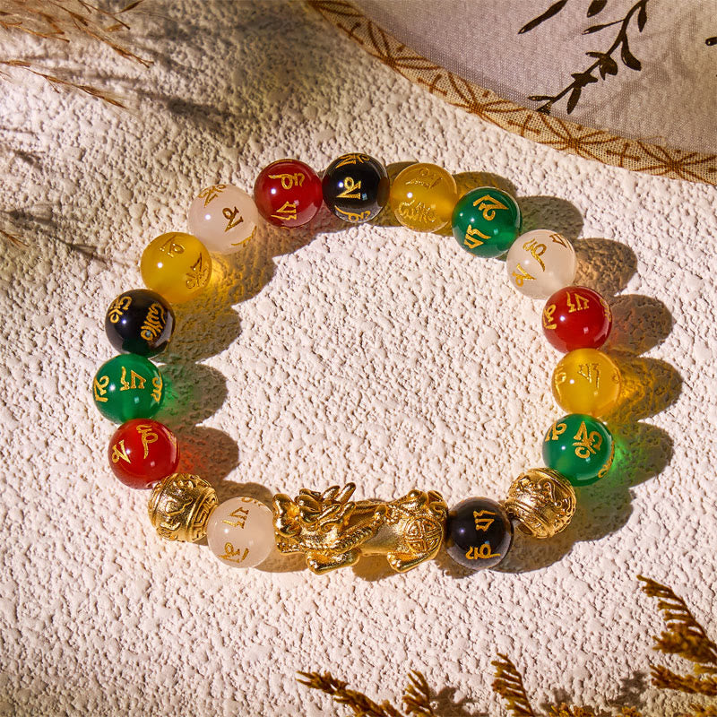 FuAttract Luck and Prosperity Multi-Color Agate Pixiu Bracelet with Om Mani Padme Hum Beads - 12mm - image 0