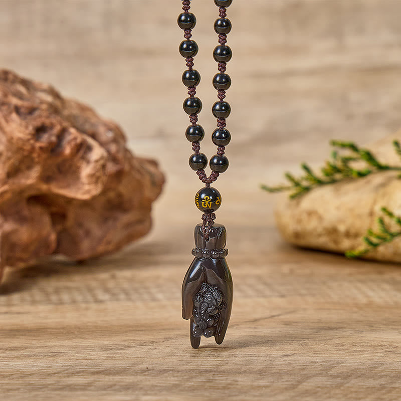 FuAttract Wealth Protection Amulet – Hand Holding Pixiu in Black Obsidian Beads Necklace - image 1