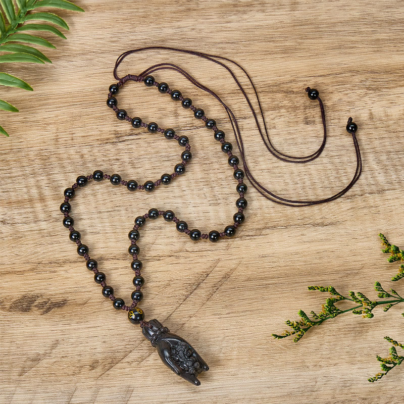 FuAttract Wealth Protection Amulet – Hand Holding Pixiu in Black Obsidian Beads Necklace - image 4