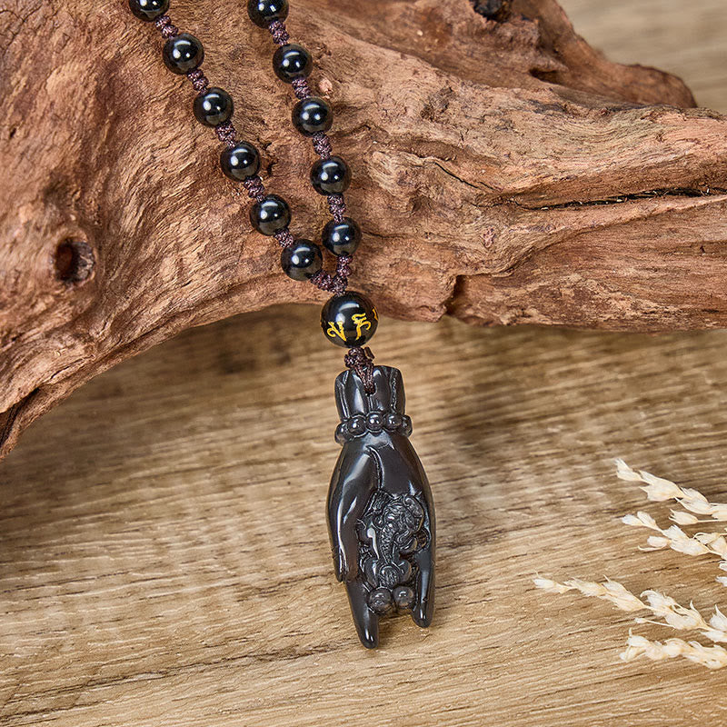 FuAttract Wealth Protection Amulet – Hand Holding Pixiu in Black Obsidian Beads Necklace - Black Obsidian - image 0