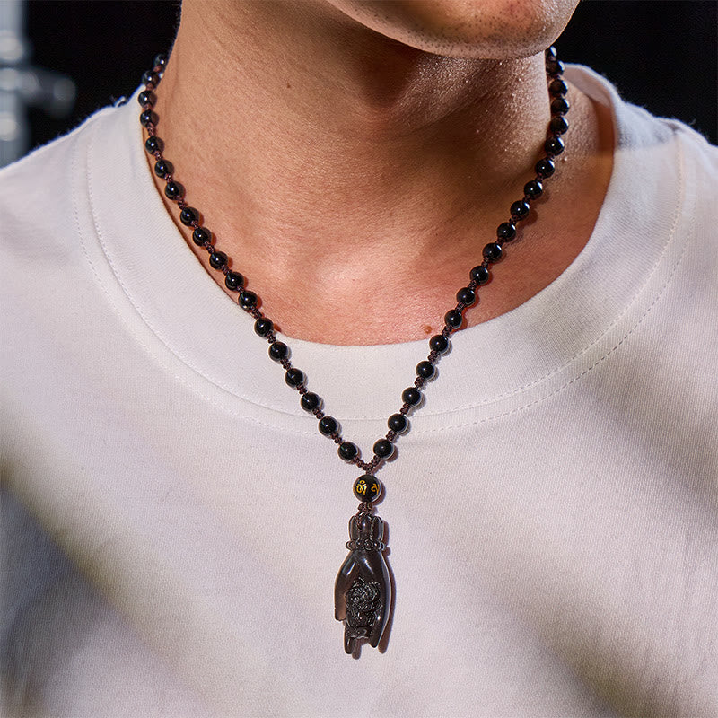 FuAttract Wealth Protection Amulet – Hand Holding Pixiu in Black Obsidian Beads Necklace - image 4