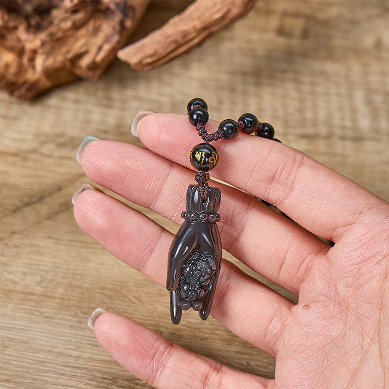 FuAttract Wealth Protection Amulet – Hand Holding Pixiu in Black Obsidian Beads Necklace - image 3