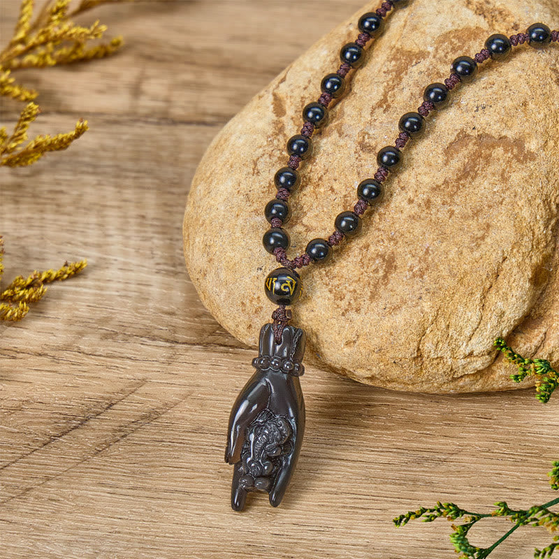 FuAttract Wealth Protection Amulet – Hand Holding Pixiu in Black Obsidian Beads Necklace - image 6