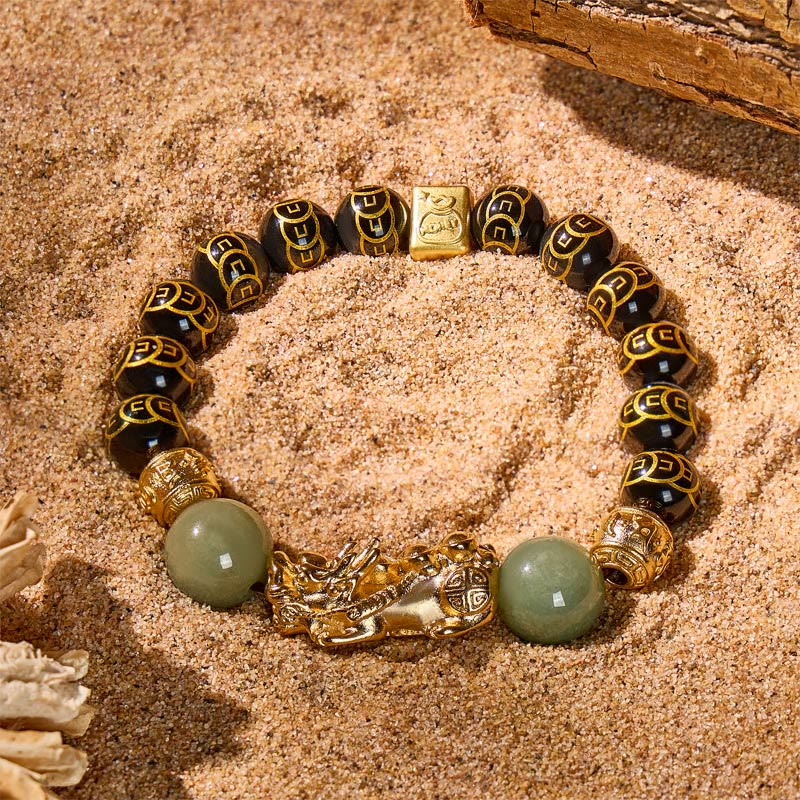FuAttract Protection & Prosperity Bracelet – Black Onyx Lucky Coin Mantra Beads & Jade - image 1