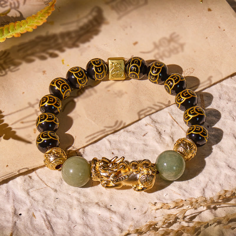 FuAttract Protection & Prosperity Bracelet – Black Onyx Lucky Coin Mantra Beads & Jade - Coin Beads - image 0