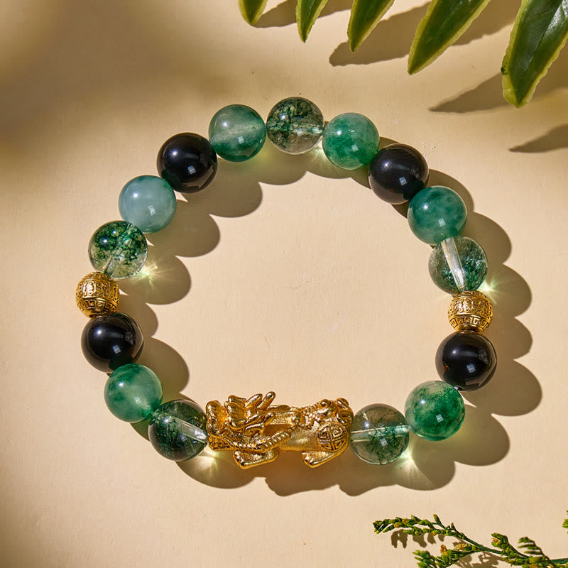 FuAttract Verdant Fortune - Green Phantom & Obsidian Pixiu Bracelet - 10mm - image 0