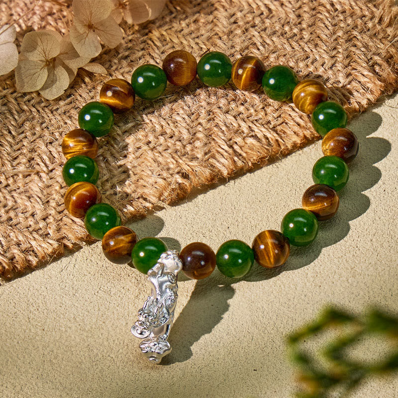 FuAttract Feng Shui Wealth Bracelet with Sterling Silver Pixiu – Tiger's Eye & Green Chalcedony - image 4