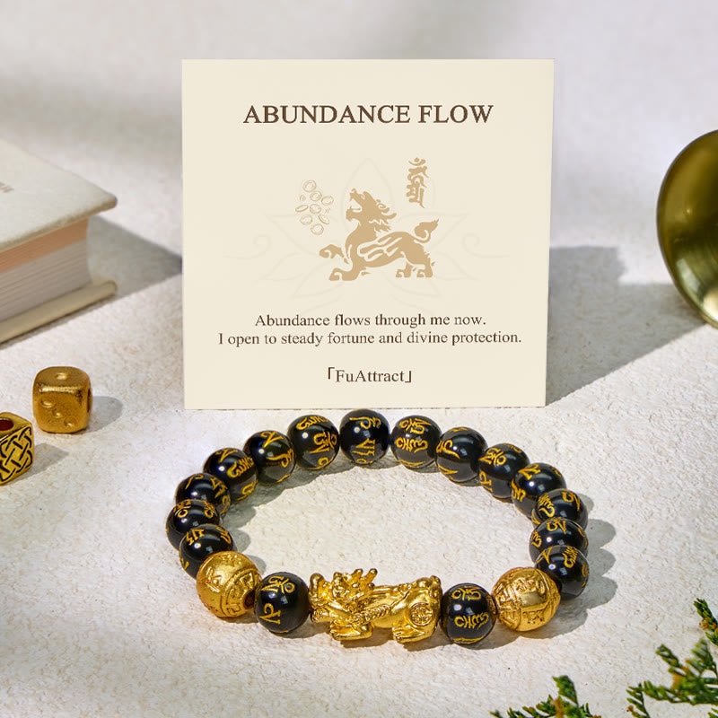 FuAttract Abundance & Protection – Black Onyx Om Mani Padme Hum Beads Pixiu Bracelet - 14mm - image 0