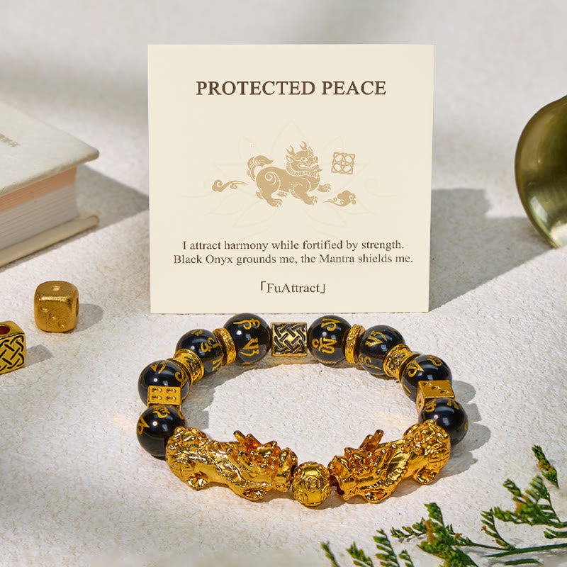 FuAttract Calm & Protection - Black Onyx Six-Word Mantra Beads Pixiu Bracelet - Black Onyx - image 0