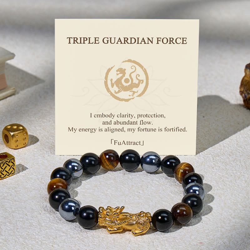 FuAttract Triple Guardian Bracelet – Pixiu + Tiger Eye, Terahertz & Black Obsidian - 10mm - image 0