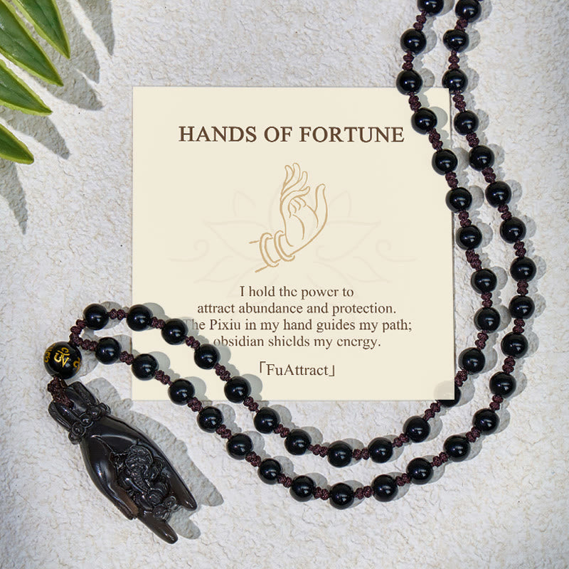 FuAttract Wealth Protection Amulet – Hand Holding Pixiu in Black Obsidian Beads Necklace - Black Obsidian - image 0