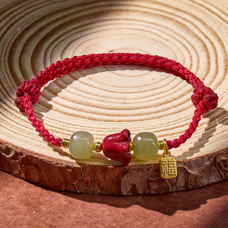 FuAttract Sacred Lotus Cinnabar & Hetian Jade Red String Bracelet - Cinnabar Lotus - image 0