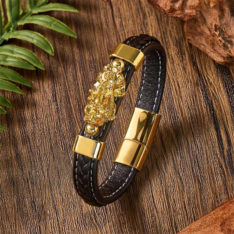FREE Today: Wealth & Success Black Leather Pixiu Men's Bracelet - Gold - 23cm - image 12