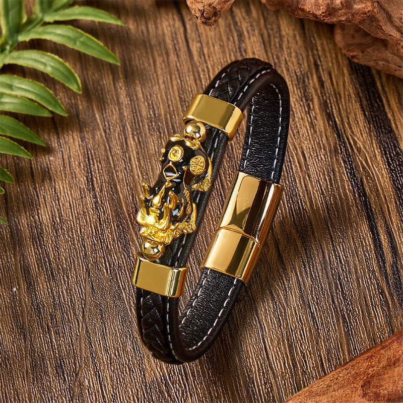 FREE Today: Wealth & Success Black Leather Pixiu Men's Bracelet - Black - 23cm - image 1
