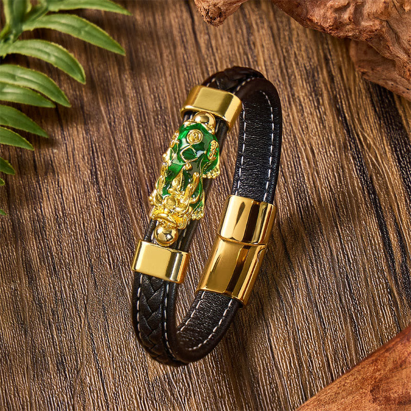 FREE Today: Wealth & Success Black Leather Pixiu Men's Bracelet - Green - 23cm - image 7