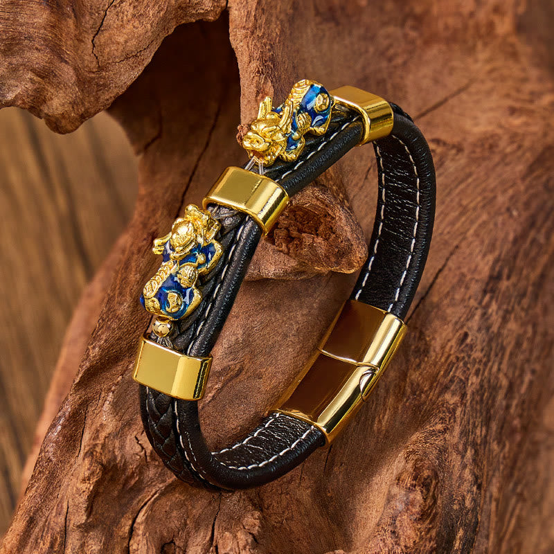 FuAttract Success & Protection Double Pixiu on Black Leather Bracelet - Blue - 23cm - image 9