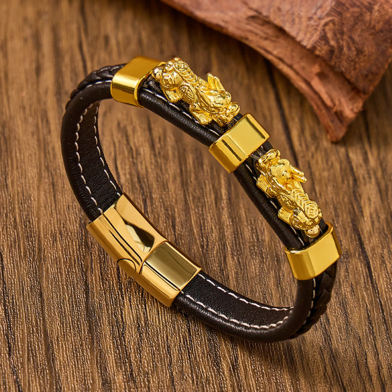 FuAttract Success & Protection Double Pixiu on Black Leather Bracelet - image 1