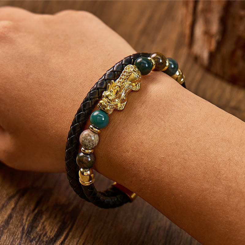 FuAttract Protection & Prosperity Bracelet – Pixiu with Agate Beads on Braided Leather - image 3