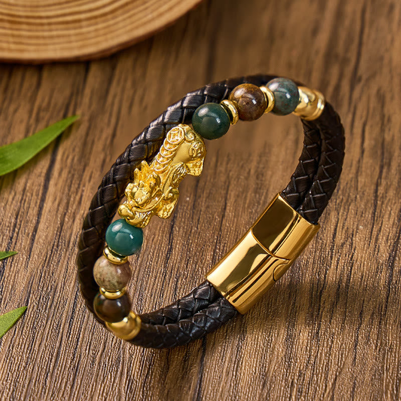 FuAttract Protection & Prosperity Bracelet – Pixiu with Agate Beads on Braided Leather - image 1
