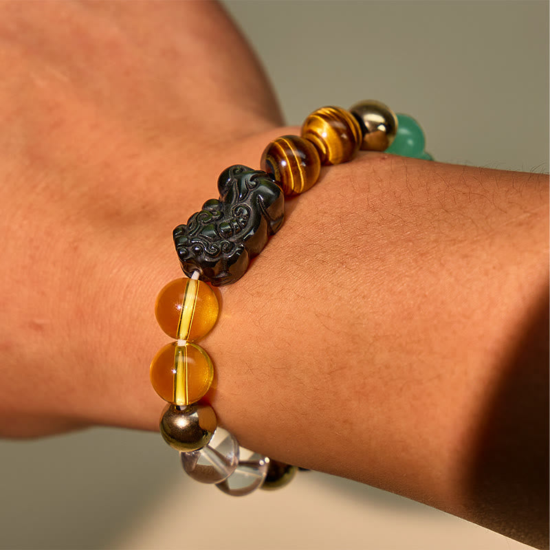 FuAttract Wealth & Protection Pixiu Bracelet – Obsidian, Tiger Eye & Pyrite Energy Stones - image 3