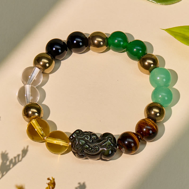 FuAttract Wealth & Protection Pixiu Bracelet – Obsidian, Tiger Eye & Pyrite Energy Stones - image 1