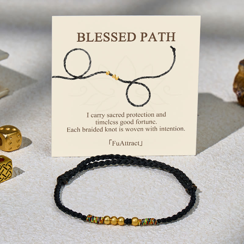 FuAttract Tibetan Lucky Protection Braided Cord Blessing Bracelet with Gold Accents - Black - image 9