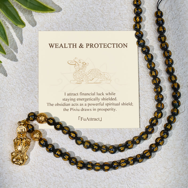 FuAttract Feng Shui Black Obsidian Pixiu Wealth Protection Mantra Necklace - Black Obsidian - image 0