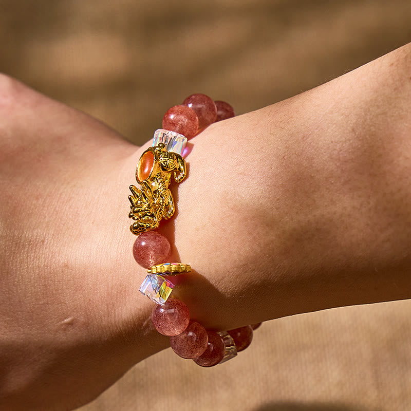 FuAttract Love Luck & Abundance – Strawberry Quartz Energy Bracelet with Pixiu & Sunflower Charm - image 3