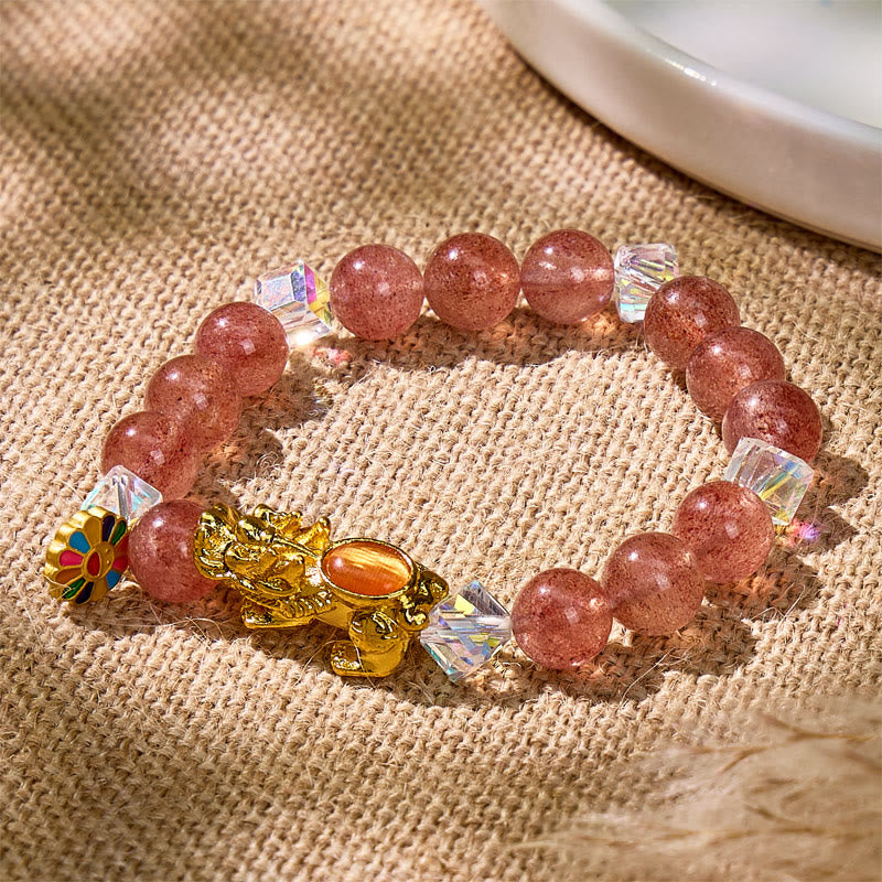 FuAttract Love Luck & Abundance – Strawberry Quartz Energy Bracelet with Pixiu & Sunflower Charm - image 1