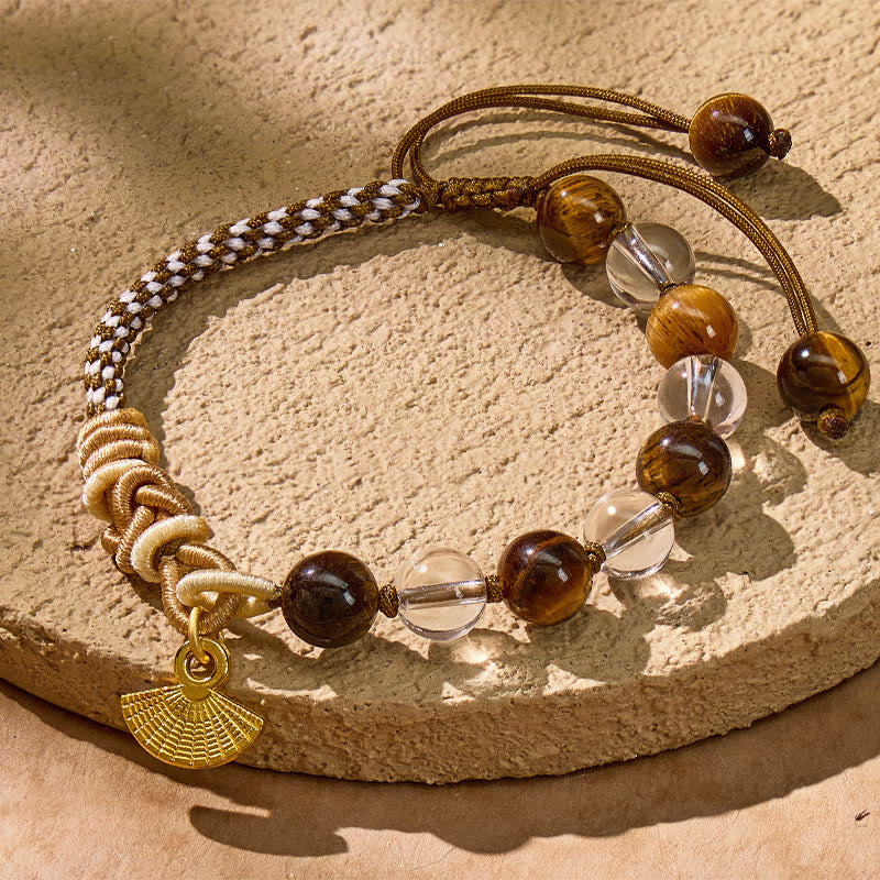 FuAttract Wealth Attraction Bracelet - Tiger’s Eye & White Crystal with Golden Fan Charm - String - image 0