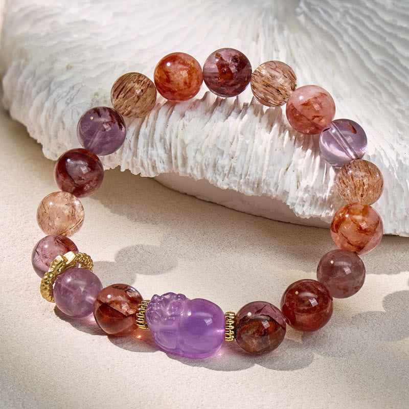 FuAttract Prosperity & Healing Crystal Bracelet – Super Seven, Amethyst & Pixiu Talisman - 10mm - image 0