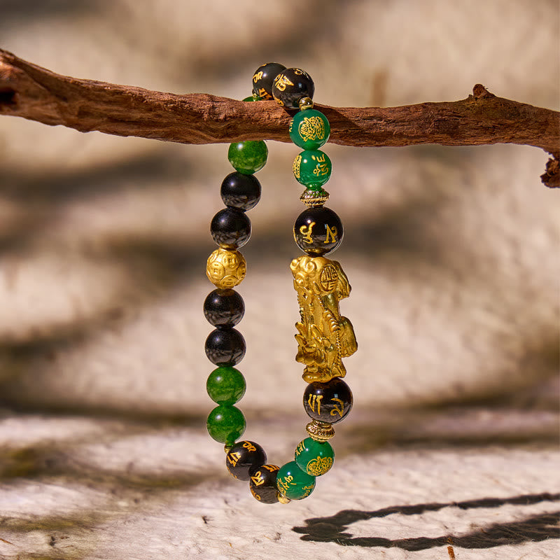 FuAttract Protective Flow – Pixiu Green Agate Obsidian Mantra Bracelet - image 3