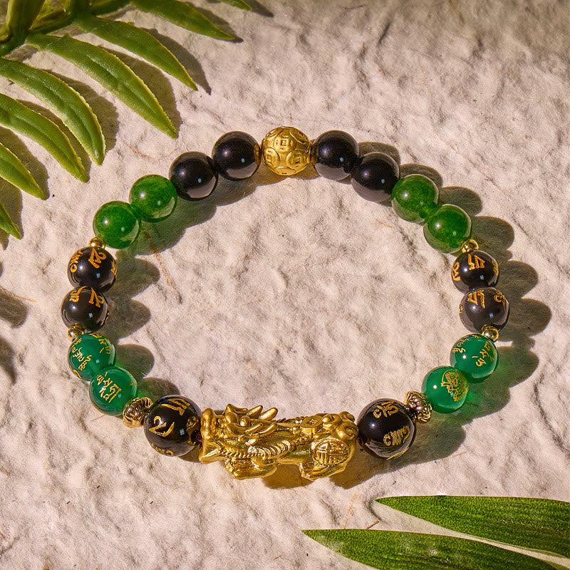 FuAttract Protective Flow – Pixiu Green Agate Obsidian Mantra Bracelet - image 2