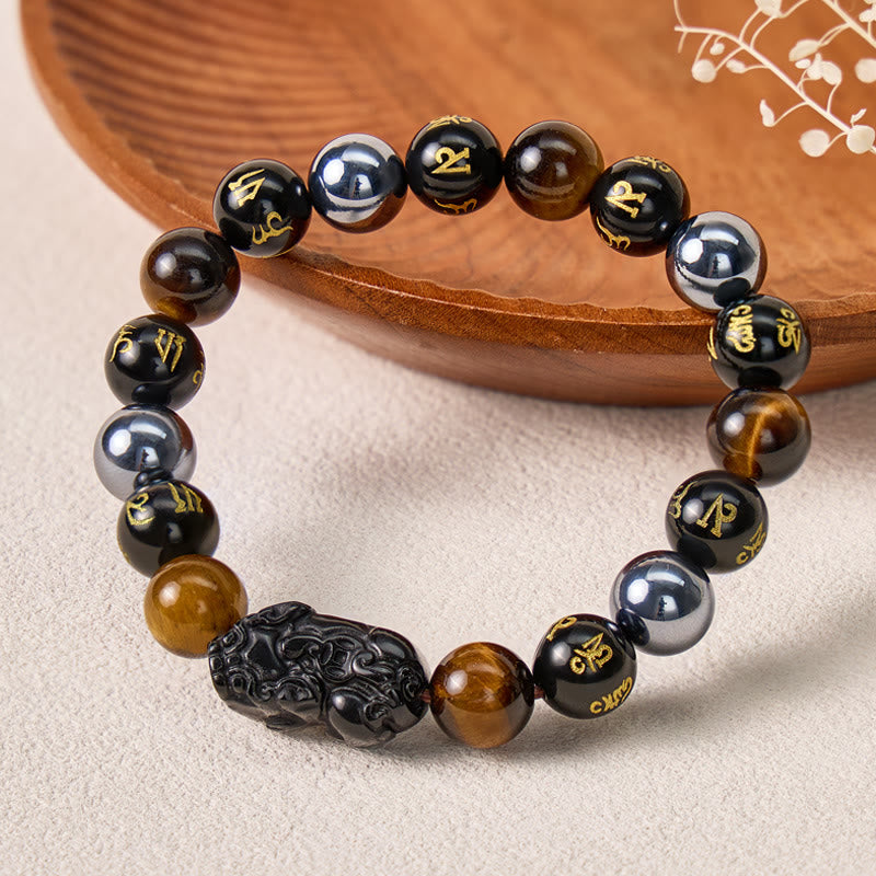 FuAttract Grounding Power Mantra Protection Obsidian Tiger Eye Pixiu Bracelet - 10mm - image 0