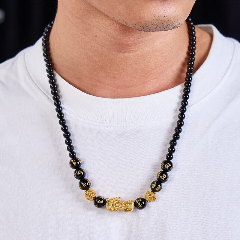 FuAttract Wealth Om Mani Mantra Obsidian Pixiu Protection Necklace - image 3